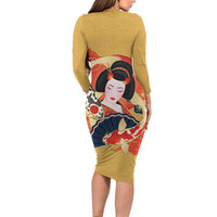 Japanese Geisha Koi Fish Long Sleeve Bodycon Dress Cherry Blossoms Yellow Seigaiha Pattern - Wonder Print Shop