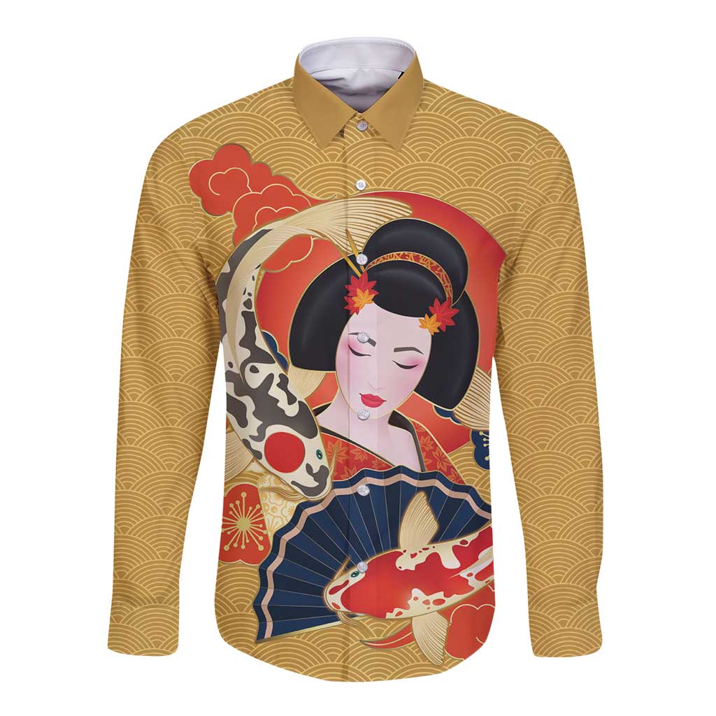 Japanese Geisha Koi Fish Long Sleeve Button Shirt Cherry Blossoms Yellow Seigaiha Pattern - Wonder Print Shop