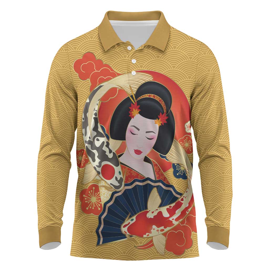 Japanese Geisha Koi Fish Long Sleeve Polo Shirt Cherry Blossoms Yellow Seigaiha Pattern - Wonder Print Shop