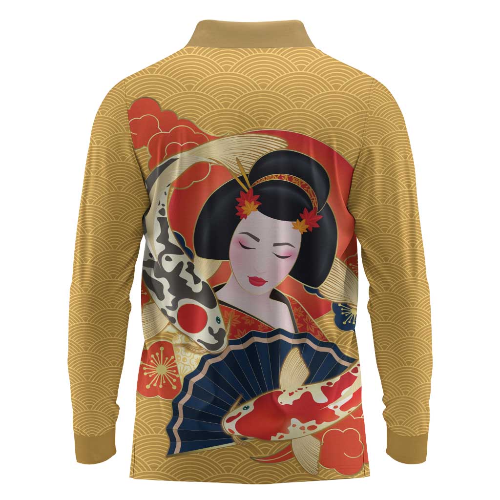 Japanese Geisha Koi Fish Long Sleeve Polo Shirt Cherry Blossoms Yellow Seigaiha Pattern - Wonder Print Shop
