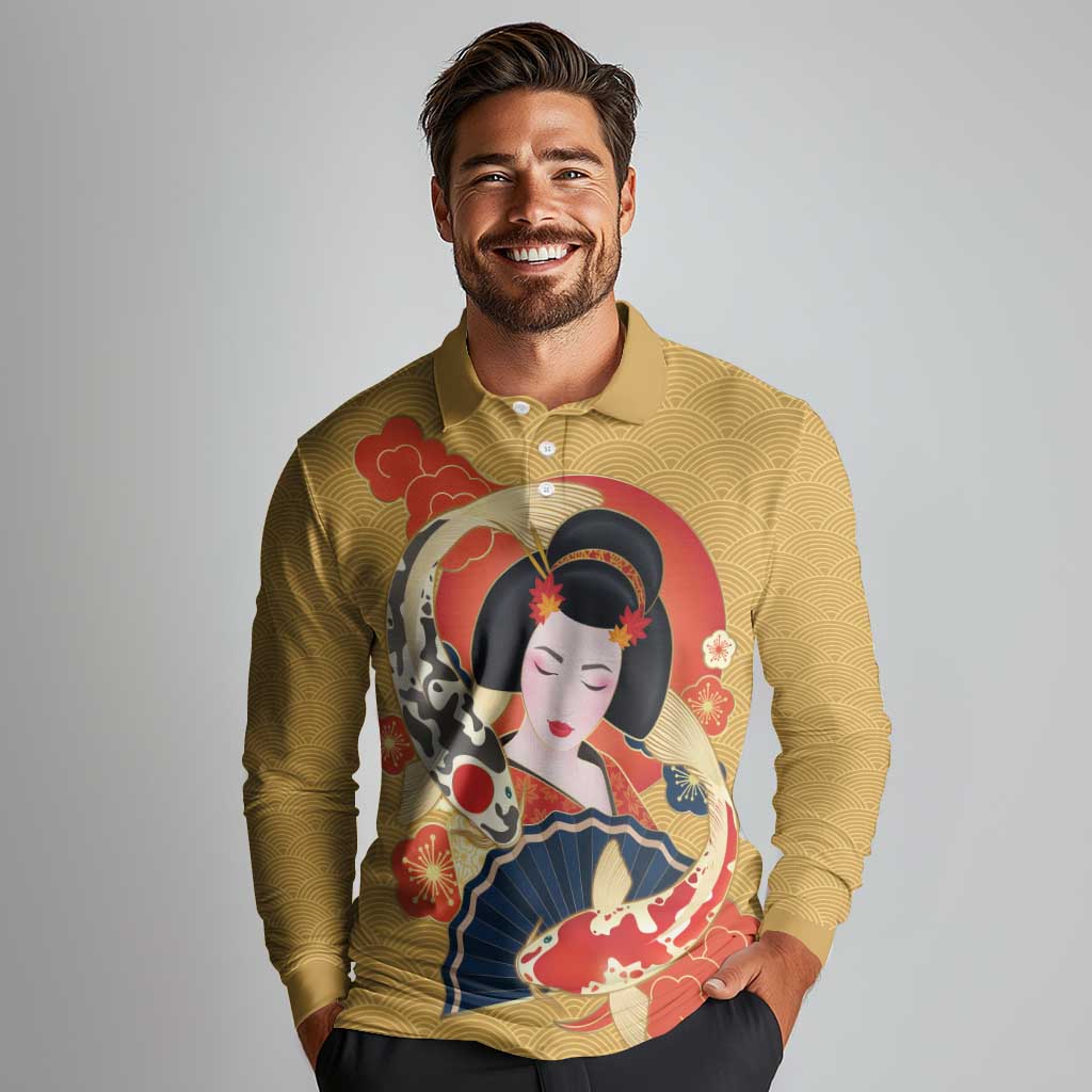 Japanese Geisha Koi Fish Long Sleeve Polo Shirt Cherry Blossoms Yellow Seigaiha Pattern - Wonder Print Shop
