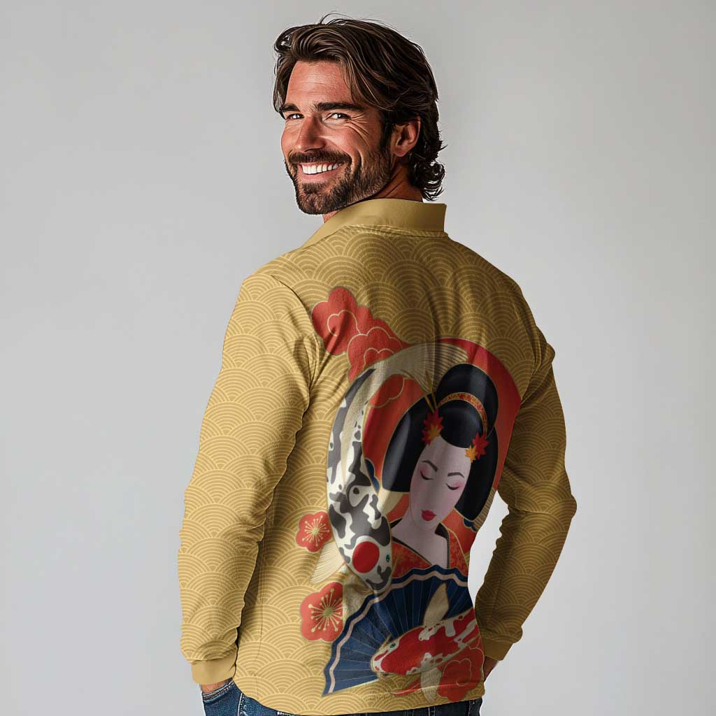 Japanese Geisha Koi Fish Long Sleeve Polo Shirt Cherry Blossoms Yellow Seigaiha Pattern - Wonder Print Shop
