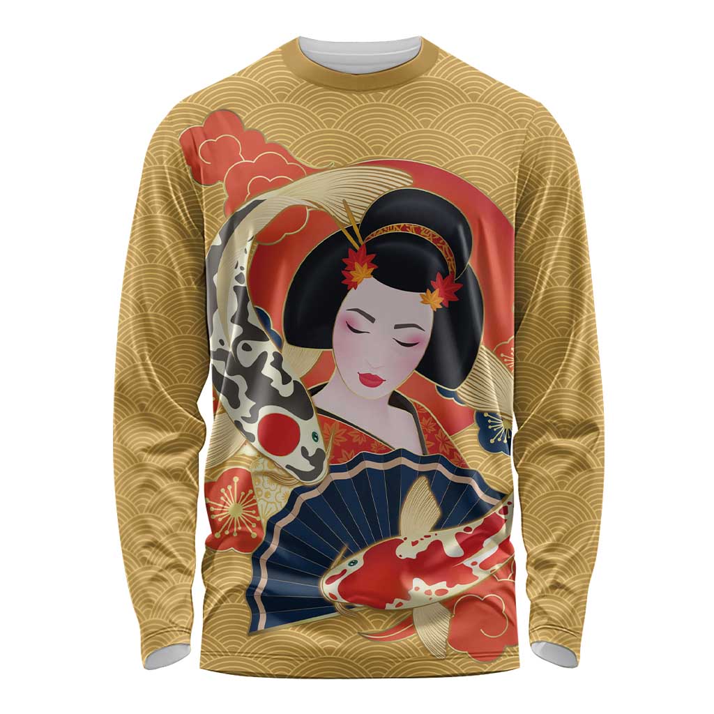 Japanese Geisha Koi Fish Long Sleeve Shirt Cherry Blossoms Yellow Seigaiha Pattern - Wonder Print Shop