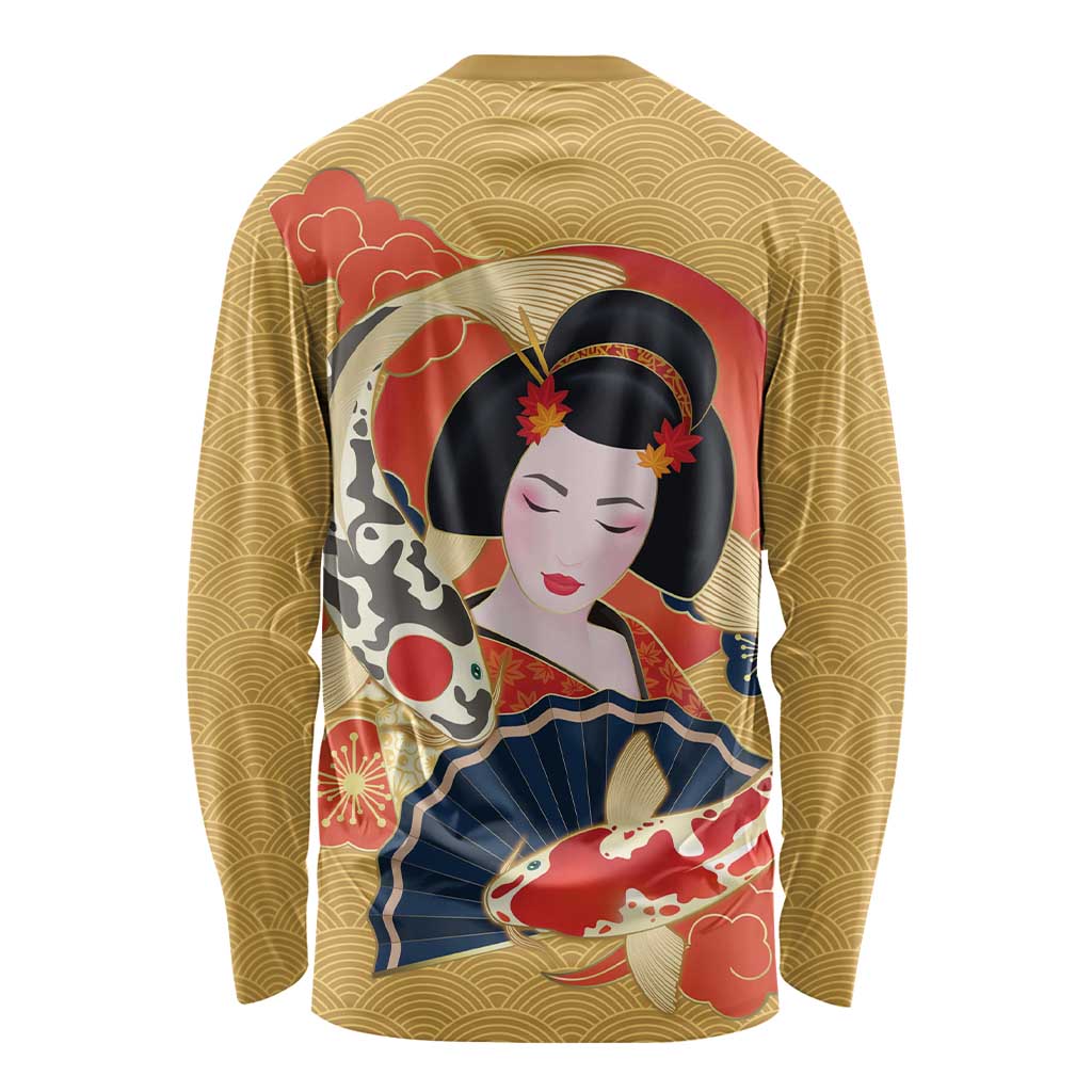 Japanese Geisha Koi Fish Long Sleeve Shirt Cherry Blossoms Yellow Seigaiha Pattern - Wonder Print Shop