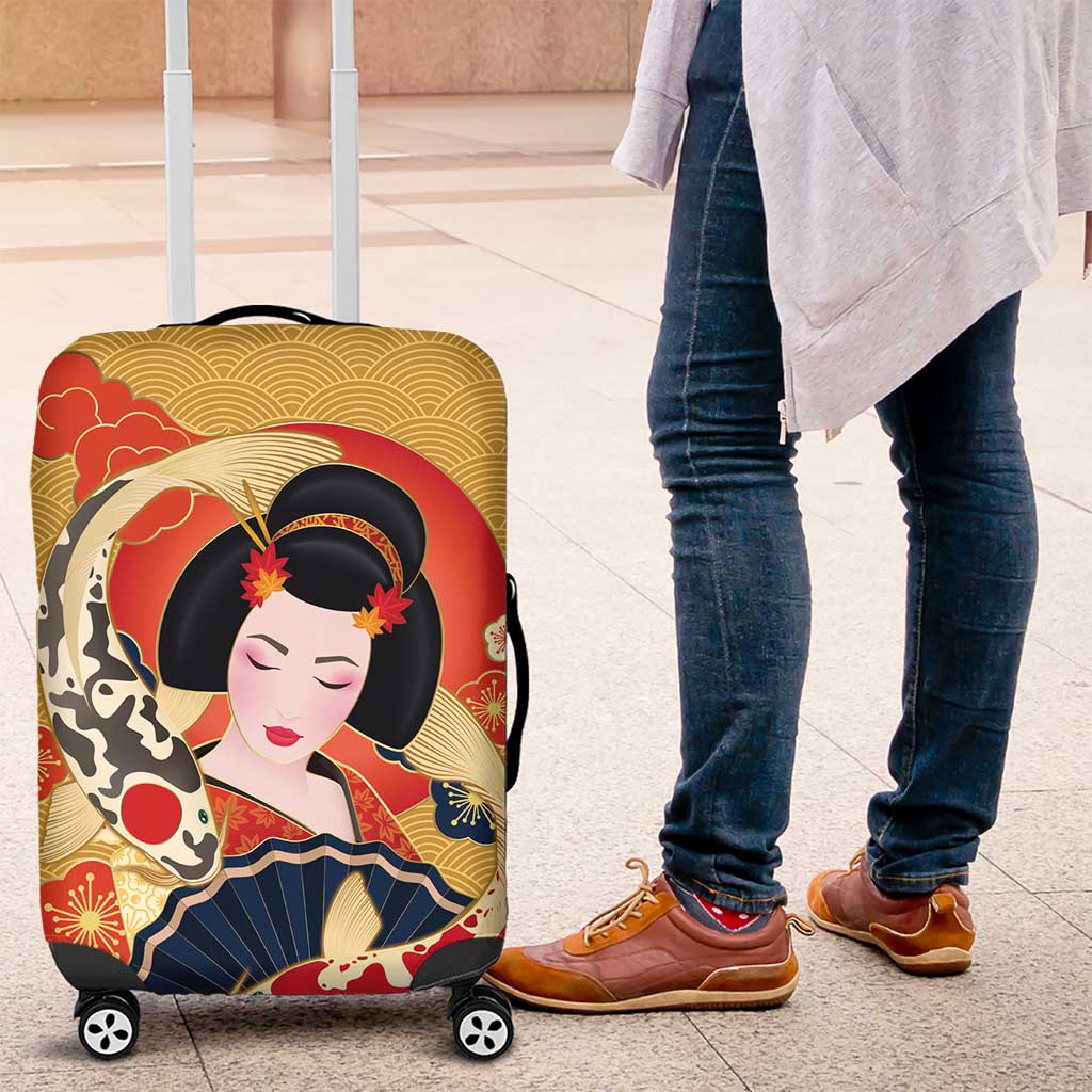 Japanese Geisha Koi Fish Luggage Cover Cherry Blossoms Yellow Seigaiha Pattern - Wonder Print Shop