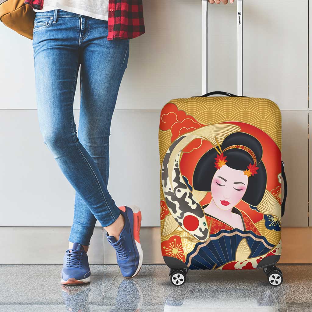 Japanese Geisha Koi Fish Luggage Cover Cherry Blossoms Yellow Seigaiha Pattern - Wonder Print Shop