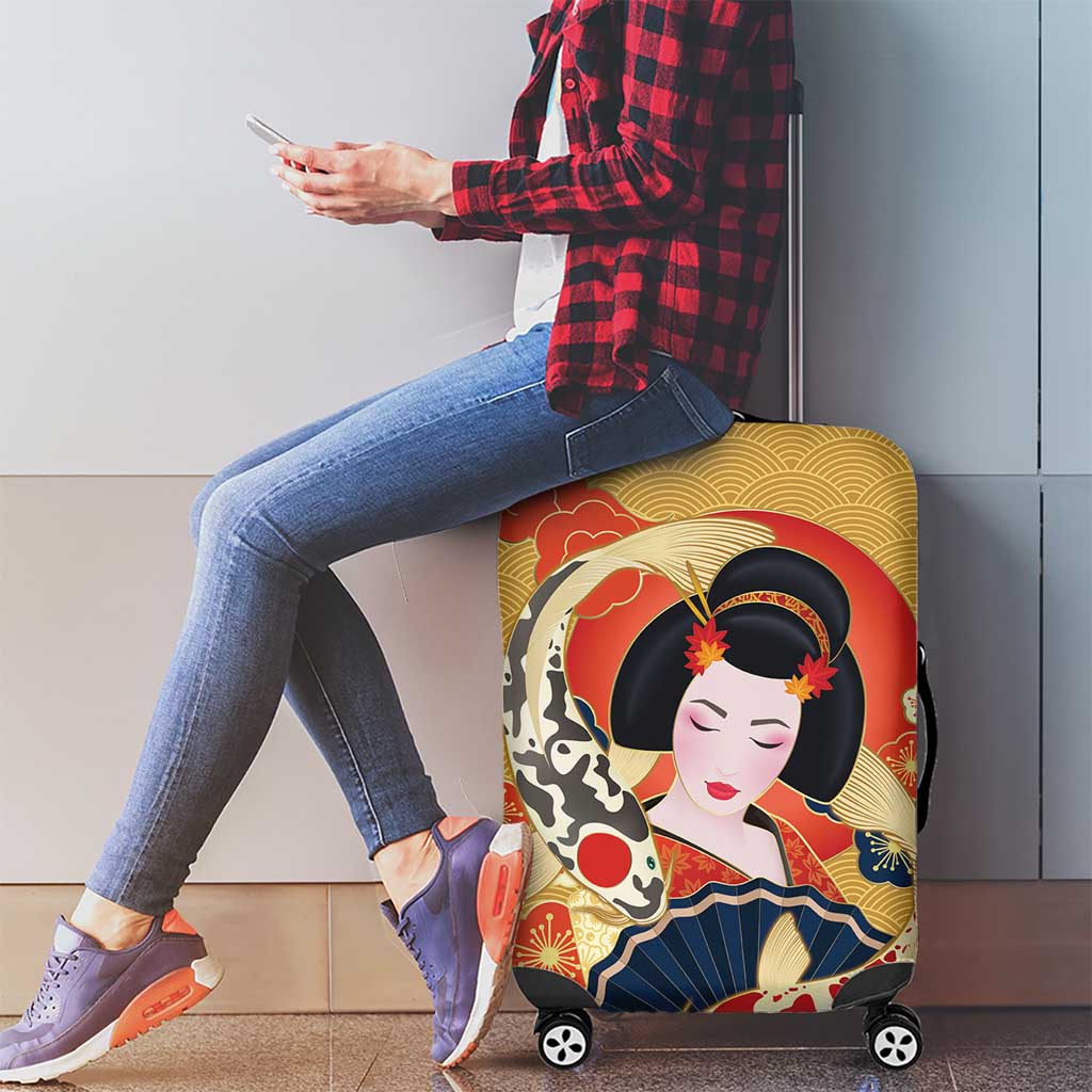 Japanese Geisha Koi Fish Luggage Cover Cherry Blossoms Yellow Seigaiha Pattern - Wonder Print Shop