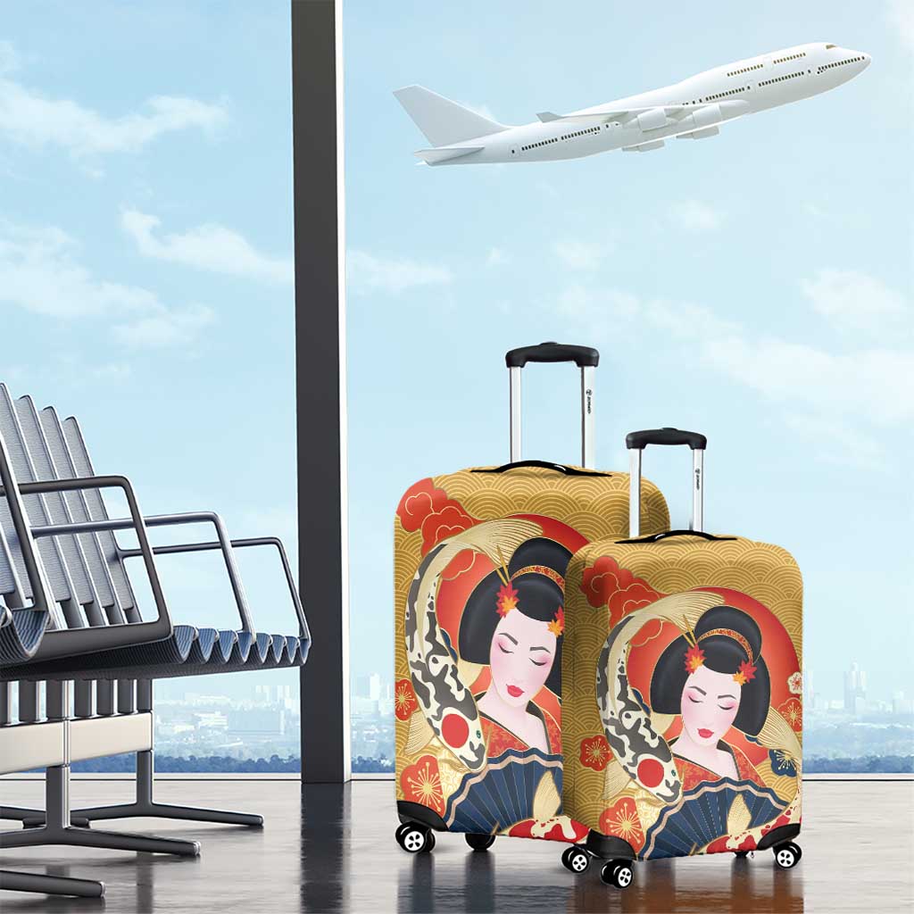 Japanese Geisha Koi Fish Luggage Cover Cherry Blossoms Yellow Seigaiha Pattern - Wonder Print Shop