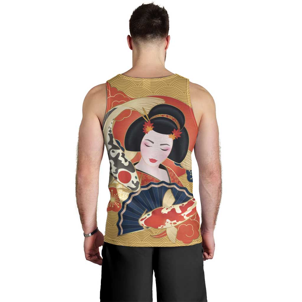 Japanese Geisha Koi Fish Men Tank Top Cherry Blossoms Yellow Seigaiha Pattern - Wonder Print Shop