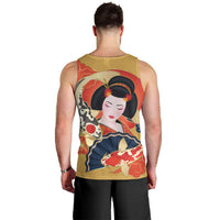 Japanese Geisha Koi Fish Men Tank Top Cherry Blossoms Yellow Seigaiha Pattern - Wonder Print Shop