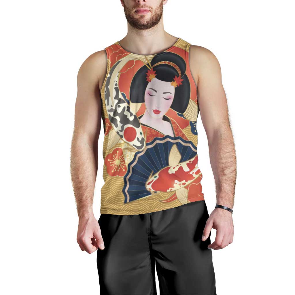 Japanese Geisha Koi Fish Men Tank Top Cherry Blossoms Yellow Seigaiha Pattern - Wonder Print Shop
