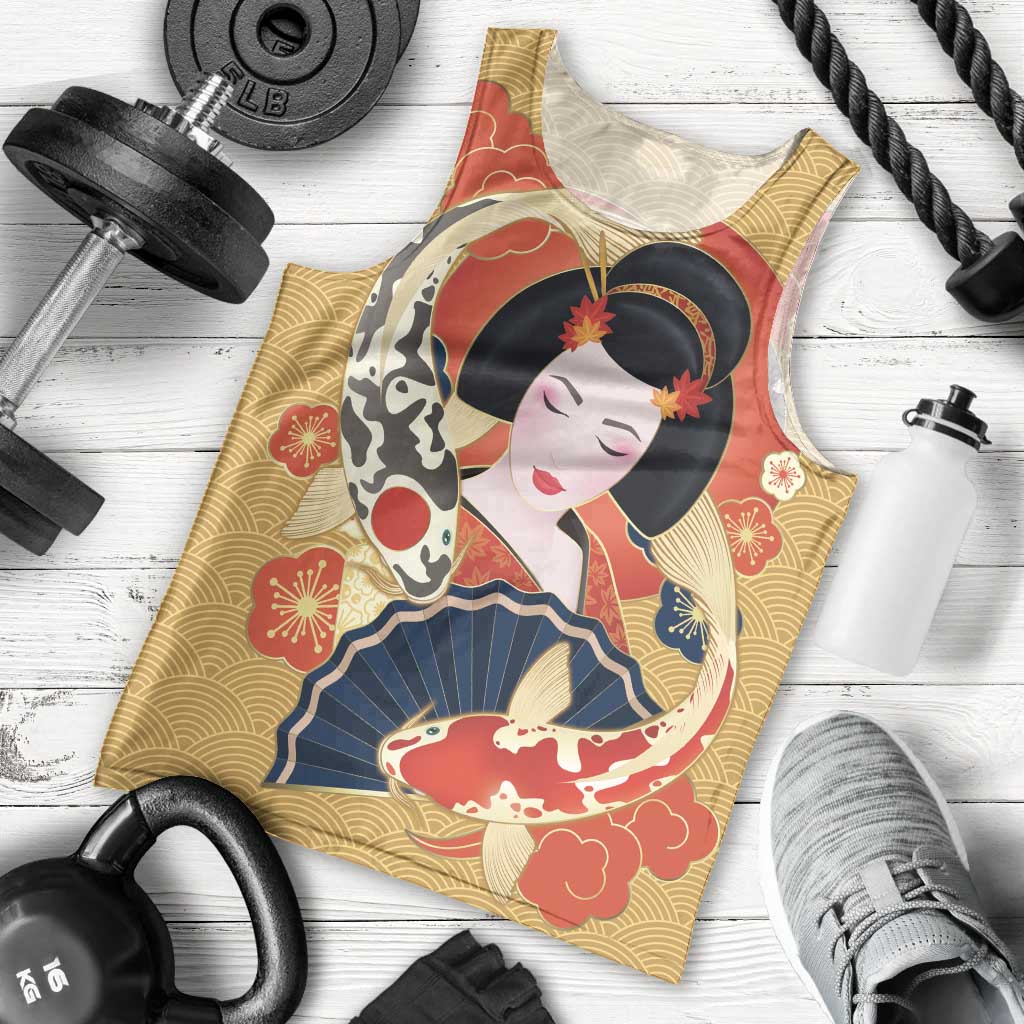 Japanese Geisha Koi Fish Men Tank Top Cherry Blossoms Yellow Seigaiha Pattern - Wonder Print Shop