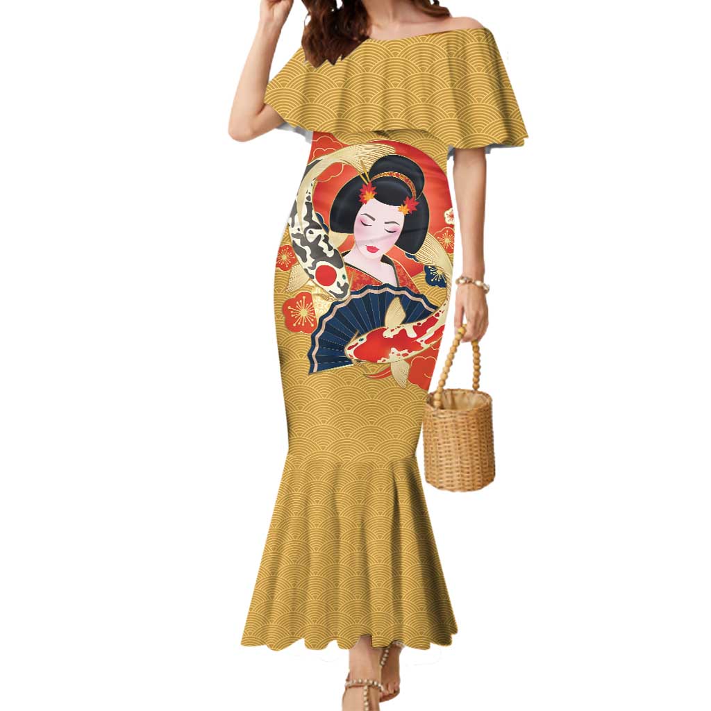 Japanese Geisha Koi Fish Mermaid Dress Cherry Blossoms Yellow Seigaiha Pattern - Wonder Print Shop