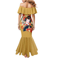 Japanese Geisha Koi Fish Mermaid Dress Cherry Blossoms Yellow Seigaiha Pattern - Wonder Print Shop