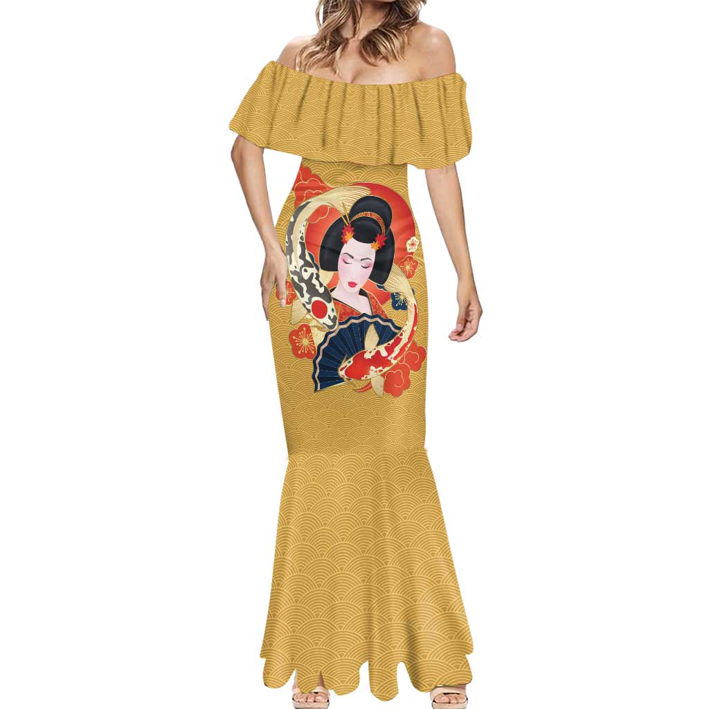 Japanese Geisha Koi Fish Mermaid Dress Cherry Blossoms Yellow Seigaiha Pattern - Wonder Print Shop