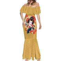Japanese Geisha Koi Fish Mermaid Dress Cherry Blossoms Yellow Seigaiha Pattern - Wonder Print Shop