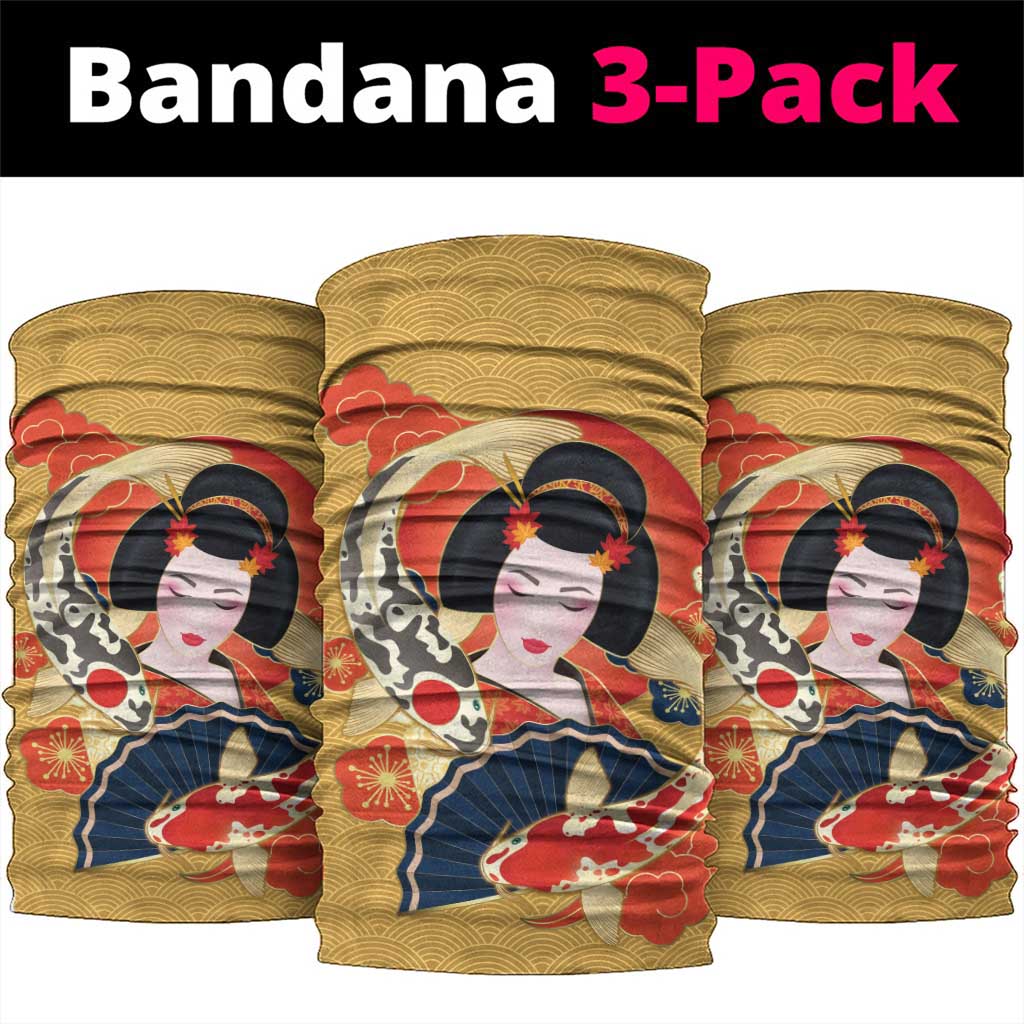 Japanese Geisha Koi Fish Neck Gaiter Cherry Blossoms Yellow Seigaiha Pattern - Wonder Print Shop