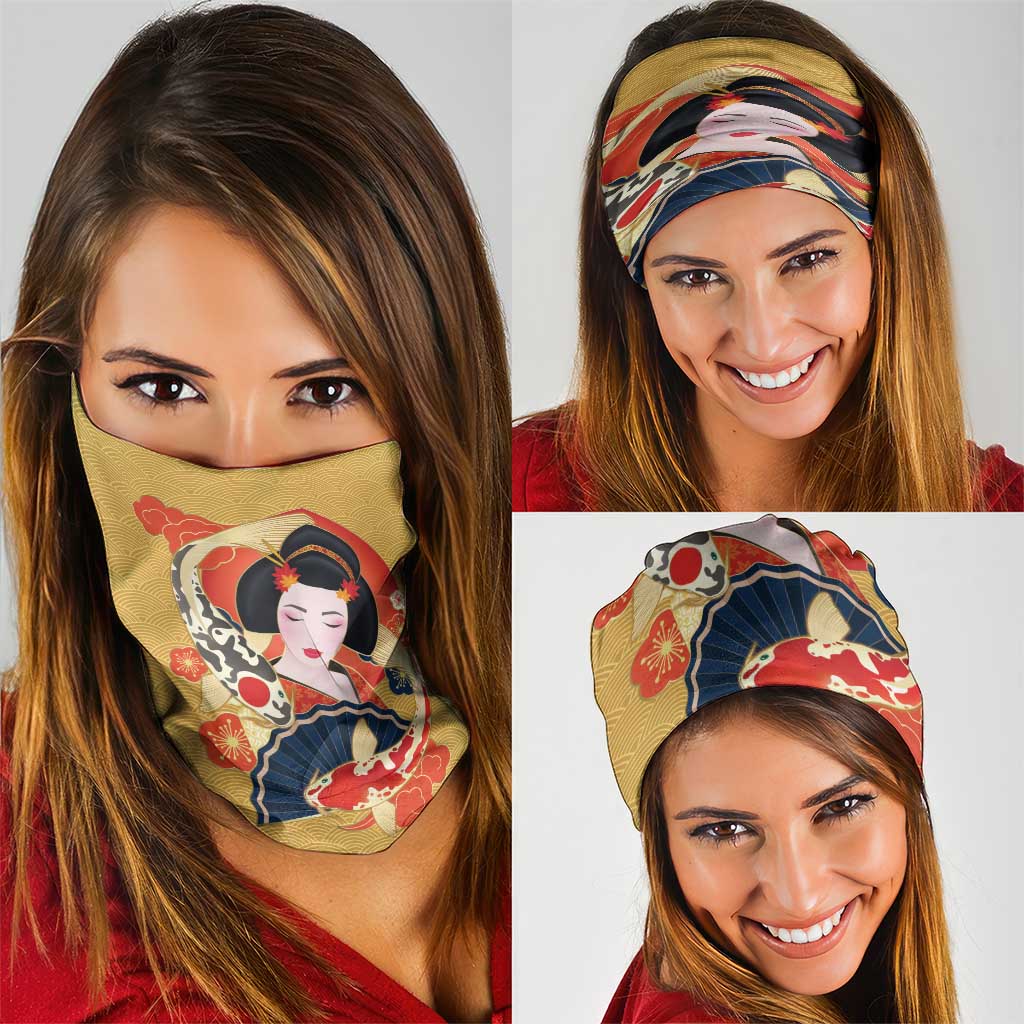 Japanese Geisha Koi Fish Neck Gaiter Cherry Blossoms Yellow Seigaiha Pattern - Wonder Print Shop