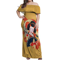 Japanese Geisha Koi Fish Off Shoulder Maxi Dress Cherry Blossoms Yellow Seigaiha Pattern - Wonder Print Shop