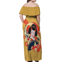 Japanese Geisha Koi Fish Off Shoulder Maxi Dress Cherry Blossoms Yellow Seigaiha Pattern - Wonder Print Shop