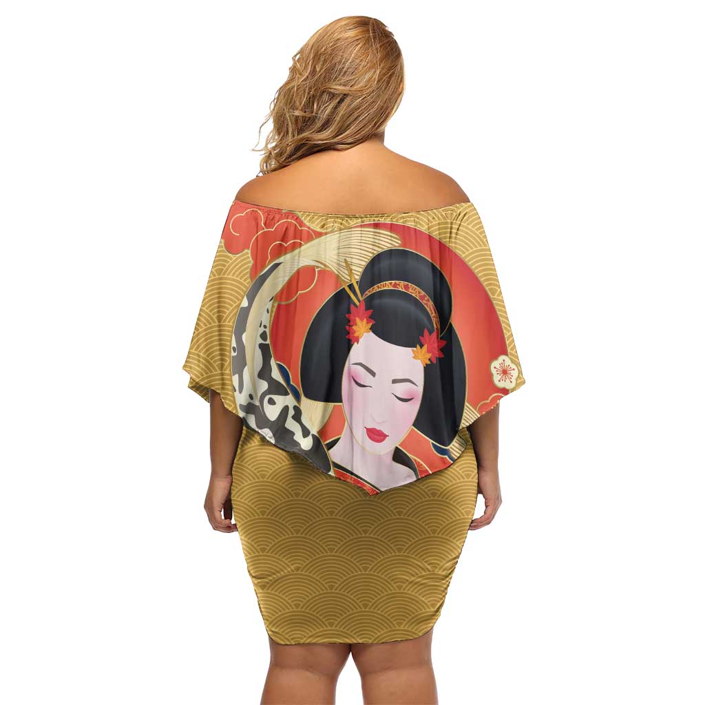 Japanese Geisha Koi Fish Off Shoulder Short Dress Cherry Blossoms Yellow Seigaiha Pattern - Wonder Print Shop