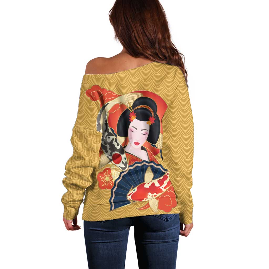 Japanese Geisha Koi Fish Off Shoulder Sweater Cherry Blossoms Yellow Seigaiha Pattern - Wonder Print Shop