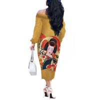 Japanese Geisha Koi Fish Off The Shoulder Long Sleeve Dress Cherry Blossoms Yellow Seigaiha Pattern - Wonder Print Shop