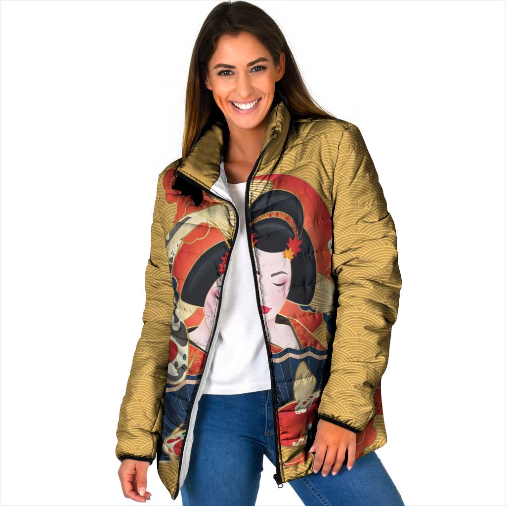 Japanese Geisha Koi Fish Padded Jacket Cherry Blossoms Yellow Seigaiha Pattern - Wonder Print Shop