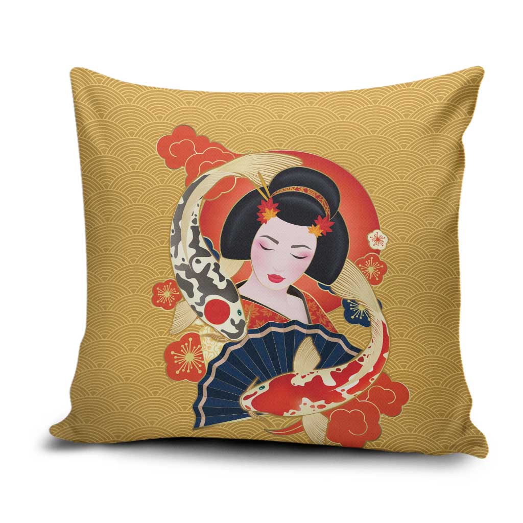 Japanese Geisha Koi Fish Pillow Cover Cherry Blossoms Yellow Seigaiha Pattern - Wonder Print Shop