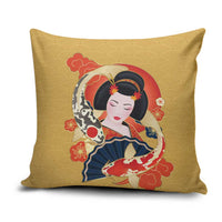 Japanese Geisha Koi Fish Pillow Cover Cherry Blossoms Yellow Seigaiha Pattern - Wonder Print Shop