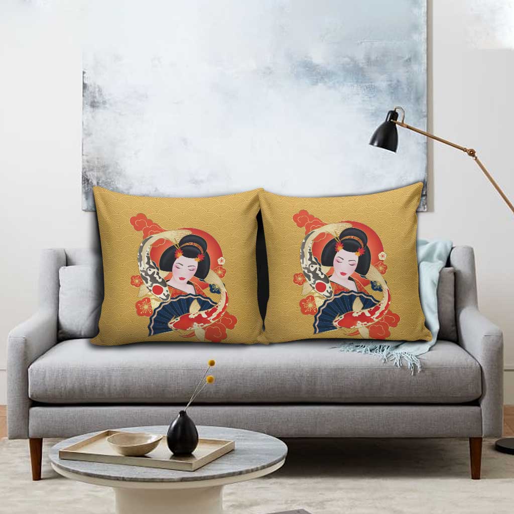 Japanese Geisha Koi Fish Pillow Cover Cherry Blossoms Yellow Seigaiha Pattern - Wonder Print Shop