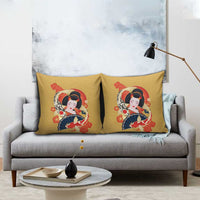 Japanese Geisha Koi Fish Pillow Cover Cherry Blossoms Yellow Seigaiha Pattern - Wonder Print Shop