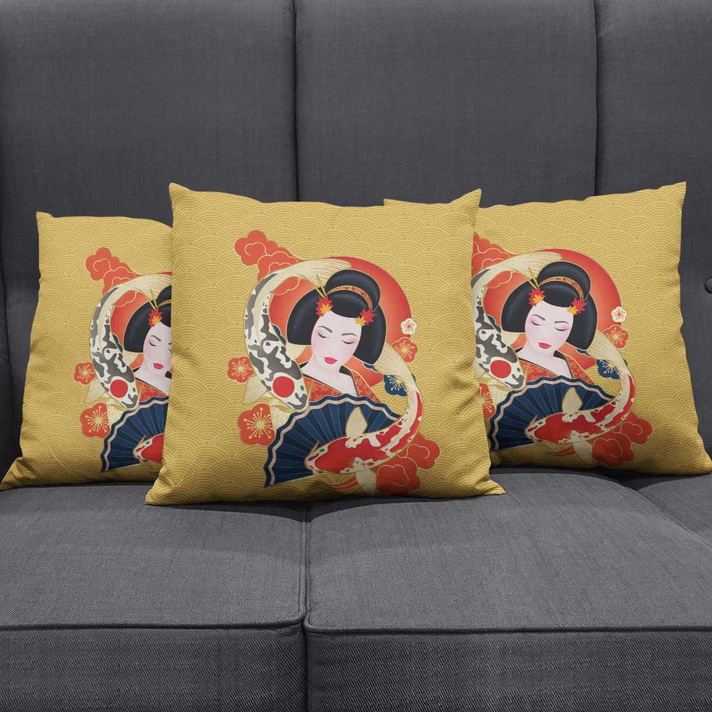 Japanese Geisha Koi Fish Pillow Cover Cherry Blossoms Yellow Seigaiha Pattern - Wonder Print Shop