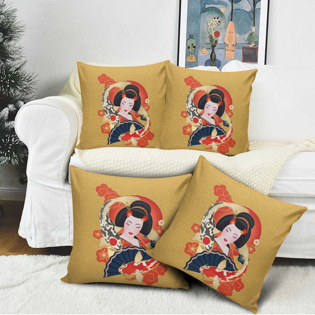 Japanese Geisha Koi Fish Pillow Cover Cherry Blossoms Yellow Seigaiha Pattern - Wonder Print Shop