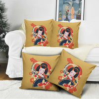 Japanese Geisha Koi Fish Pillow Cover Cherry Blossoms Yellow Seigaiha Pattern - Wonder Print Shop