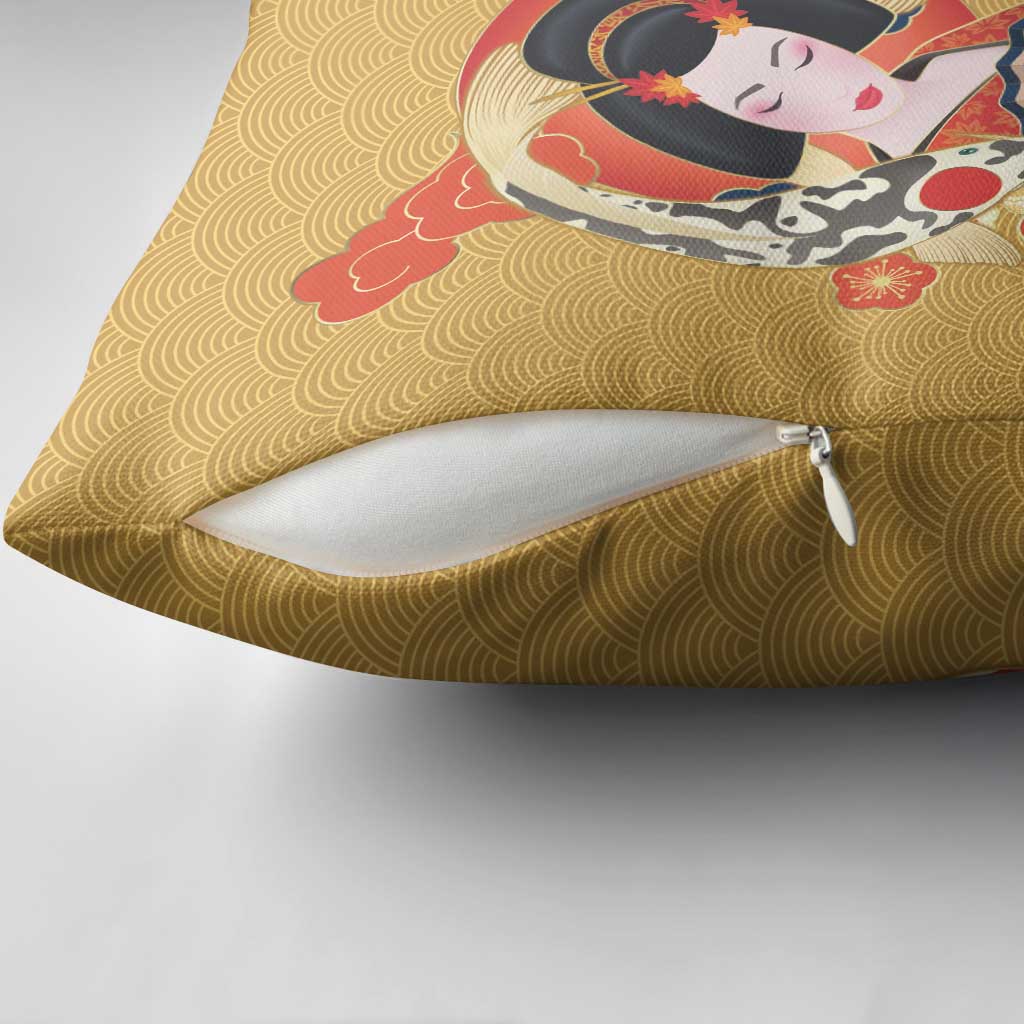 Japanese Geisha Koi Fish Pillow Cover Cherry Blossoms Yellow Seigaiha Pattern - Wonder Print Shop