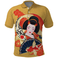 Japanese Geisha Koi Fish Polo Shirt Cherry Blossoms Yellow Seigaiha Pattern - Wonder Print Shop