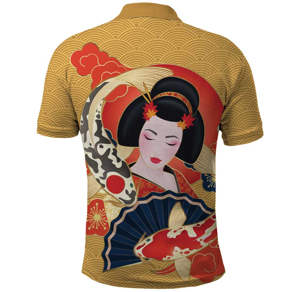 Japanese Geisha Koi Fish Polo Shirt Cherry Blossoms Yellow Seigaiha Pattern - Wonder Print Shop
