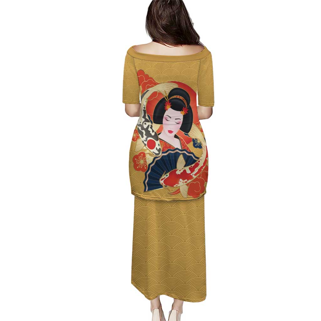 Japanese Geisha Koi Fish Puletasi Cherry Blossoms Yellow Seigaiha Pattern - Wonder Print Shop