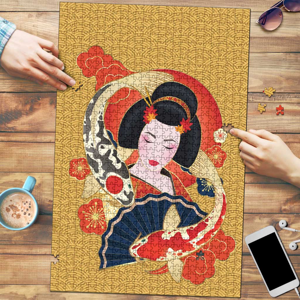 Japanese Geisha Koi Fish Puzzle Cherry Blossoms Yellow Seigaiha Pattern - Wonder Print Shop