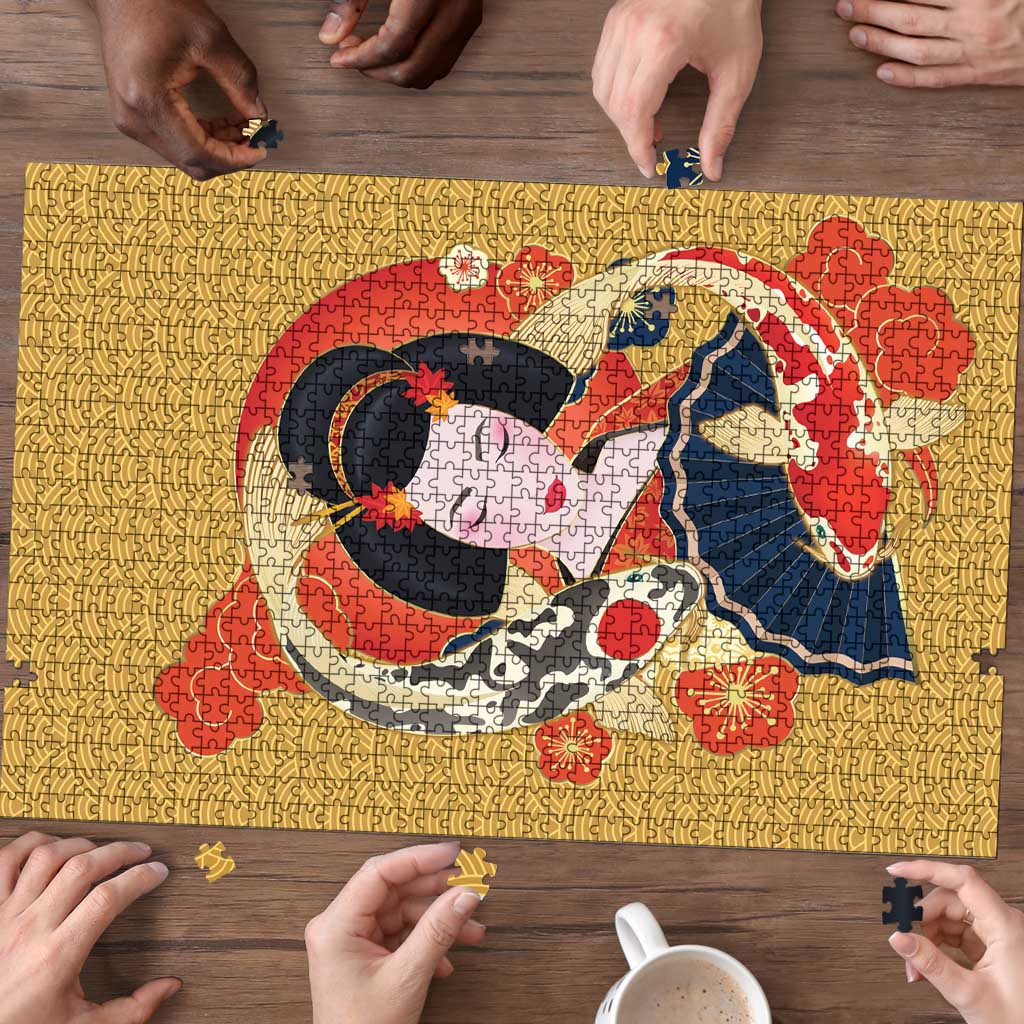 Japanese Geisha Koi Fish Puzzle Cherry Blossoms Yellow Seigaiha Pattern - Wonder Print Shop