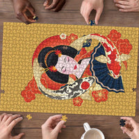 Japanese Geisha Koi Fish Puzzle Cherry Blossoms Yellow Seigaiha Pattern - Wonder Print Shop