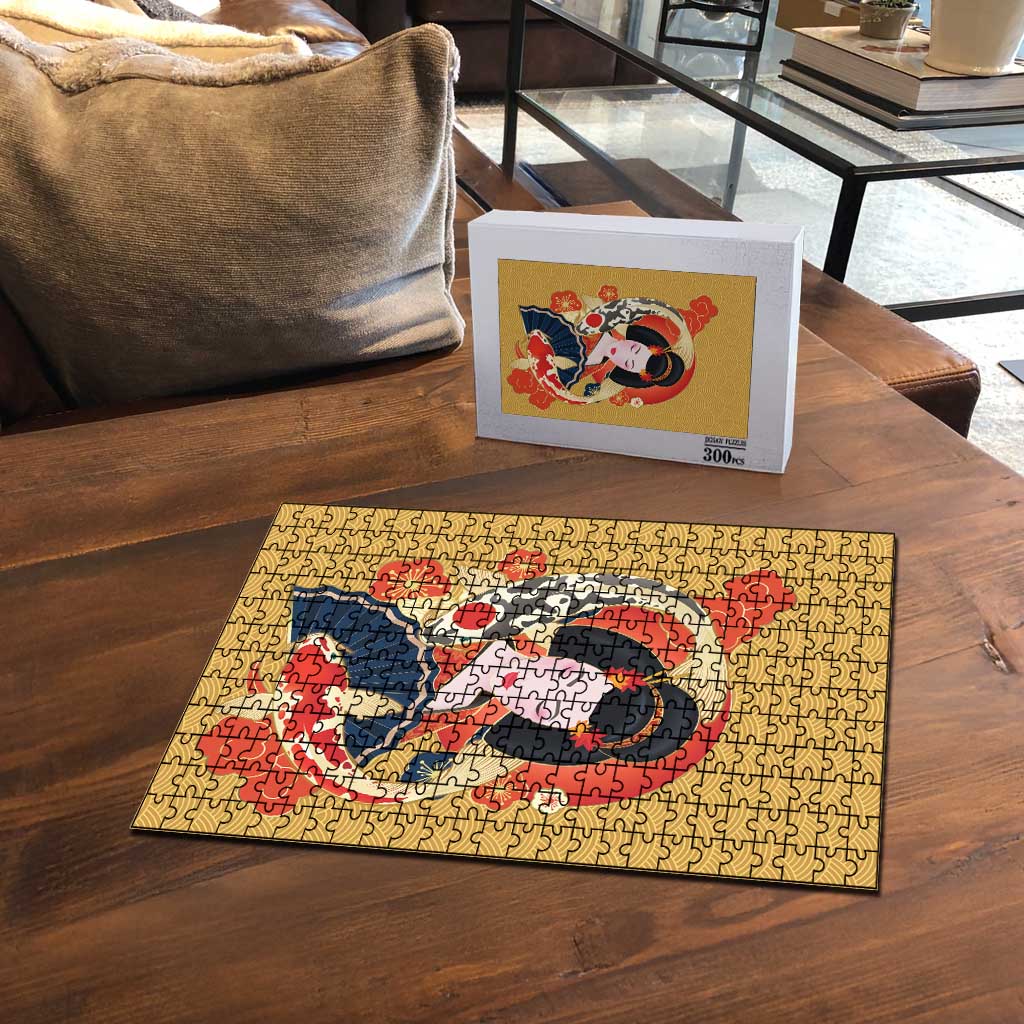 Japanese Geisha Koi Fish Puzzle Cherry Blossoms Yellow Seigaiha Pattern - Wonder Print Shop