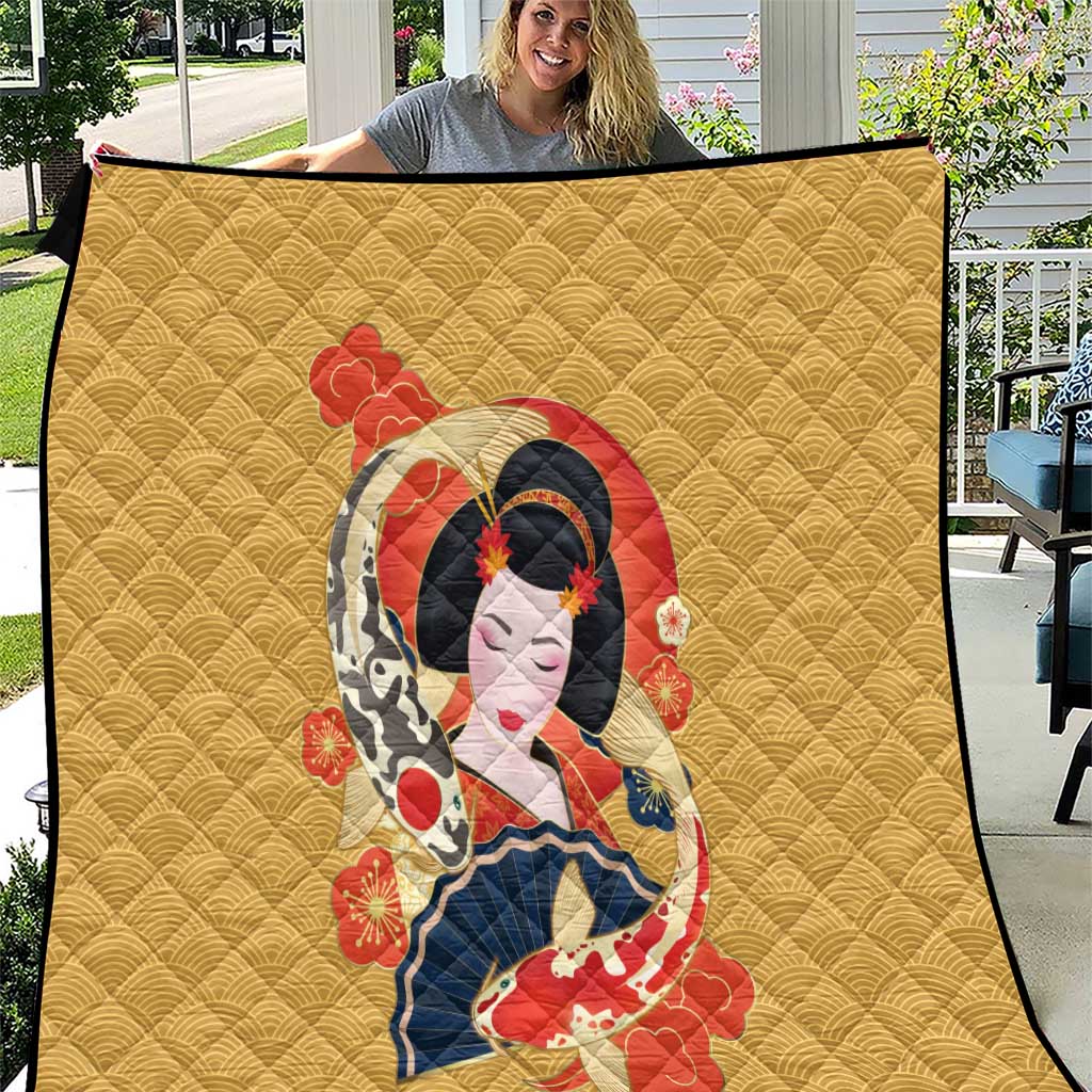 Japanese Geisha Koi Fish Quilt Cherry Blossoms Yellow Seigaiha Pattern - Wonder Print Shop