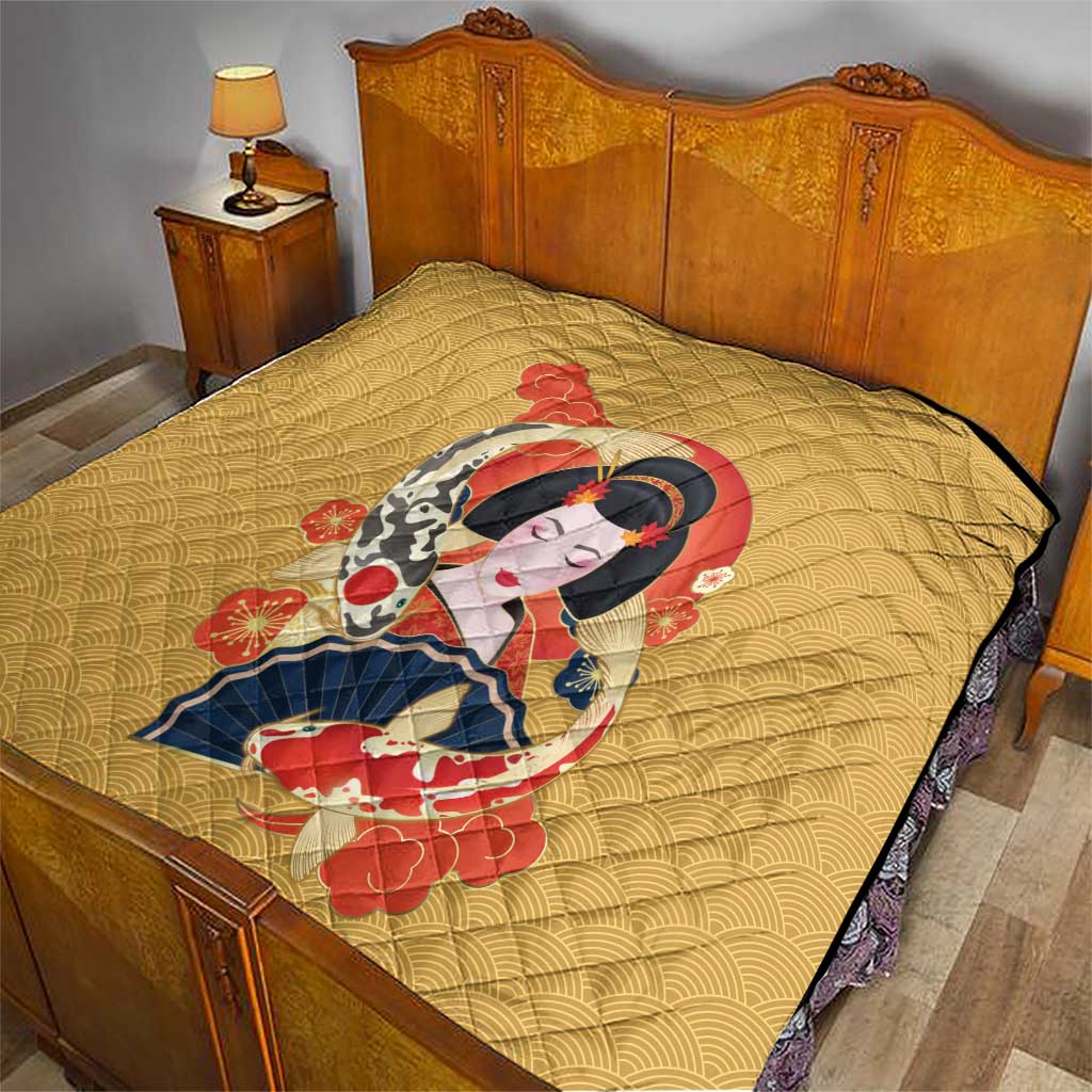 Japanese Geisha Koi Fish Quilt Cherry Blossoms Yellow Seigaiha Pattern - Wonder Print Shop