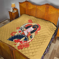 Japanese Geisha Koi Fish Quilt Cherry Blossoms Yellow Seigaiha Pattern - Wonder Print Shop