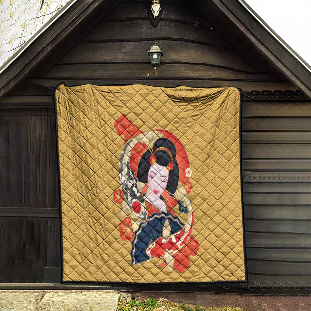 Japanese Geisha Koi Fish Quilt Cherry Blossoms Yellow Seigaiha Pattern - Wonder Print Shop