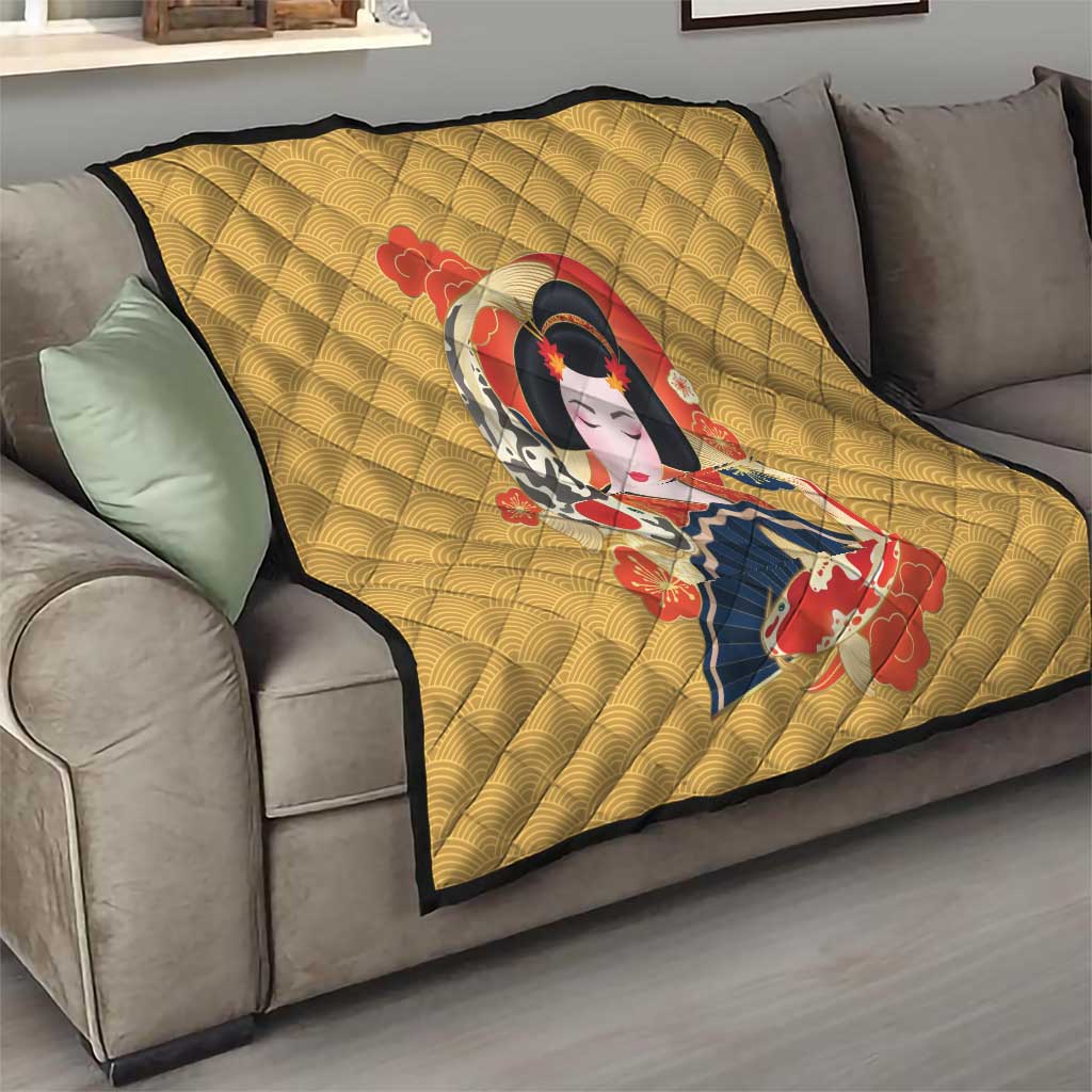 Japanese Geisha Koi Fish Quilt Cherry Blossoms Yellow Seigaiha Pattern - Wonder Print Shop