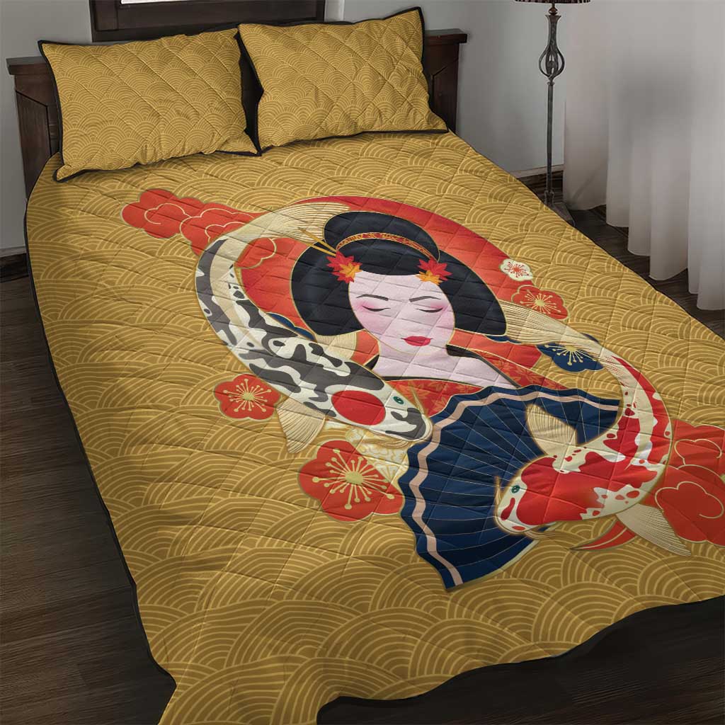 Japanese Geisha Koi Fish Quilt Bed Set Cherry Blossoms Yellow Seigaiha Pattern - Wonder Print Shop