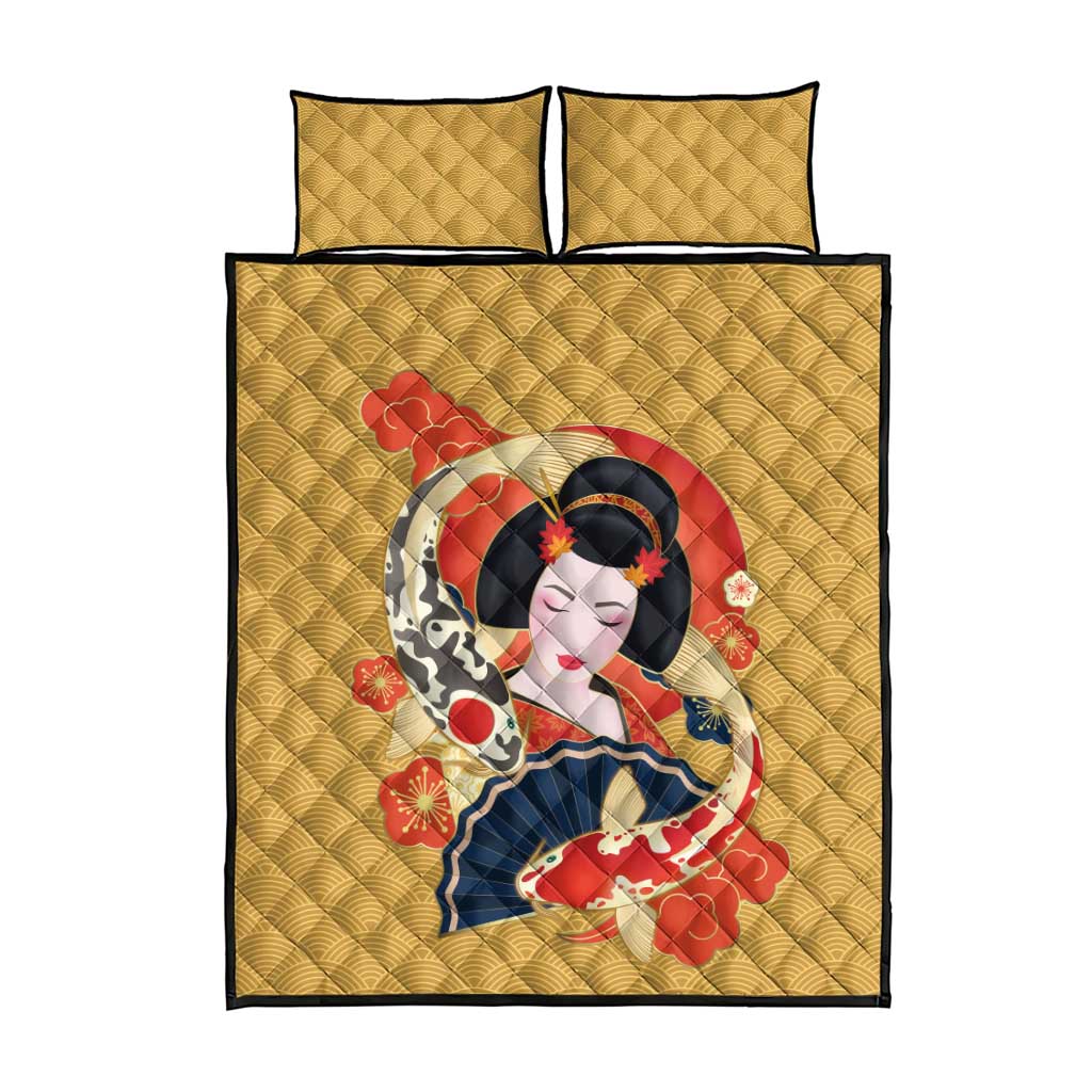 Japanese Geisha Koi Fish Quilt Bed Set Cherry Blossoms Yellow Seigaiha Pattern - Wonder Print Shop